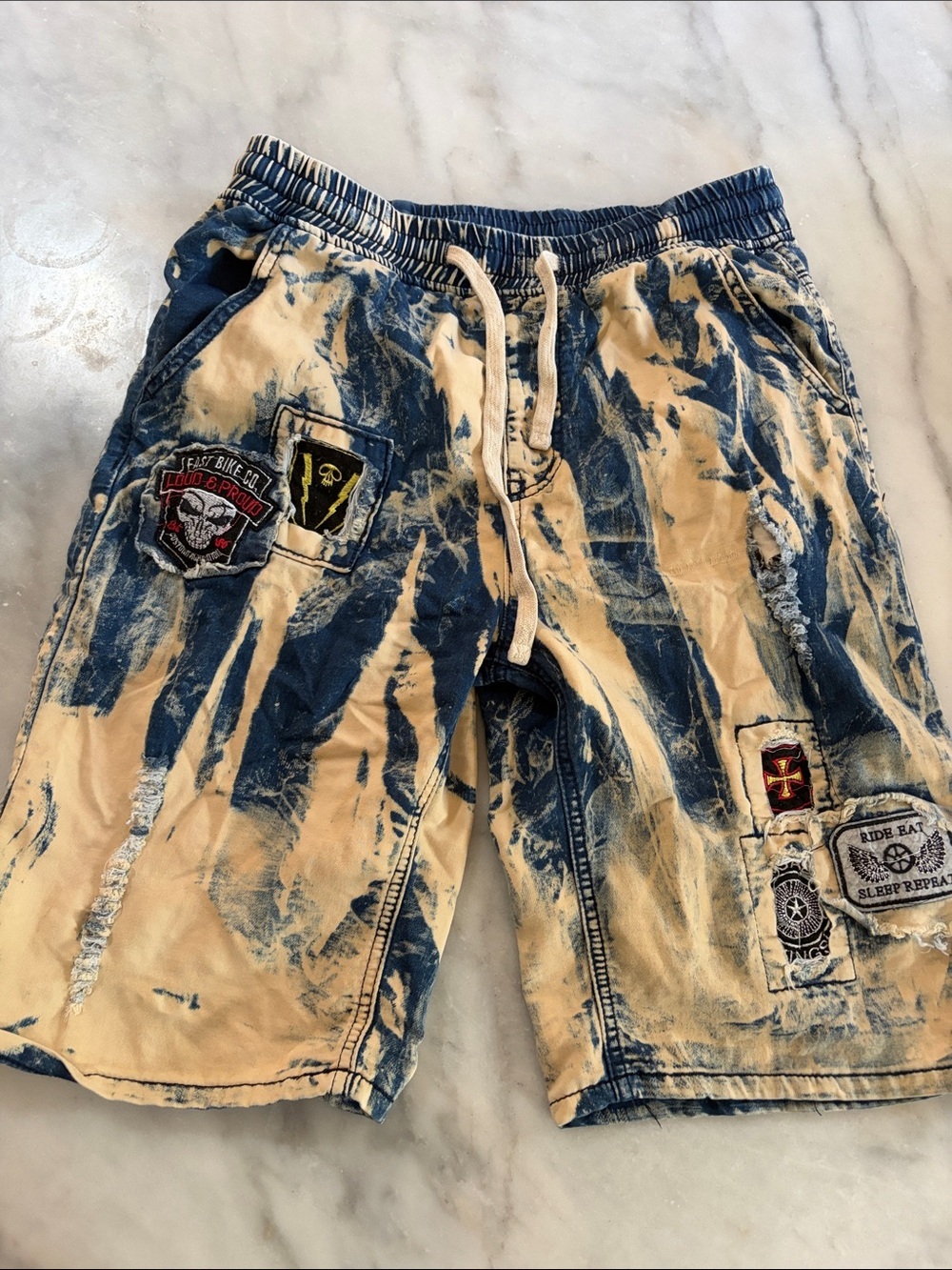 Men's Blue and Beige Distressed Patchwork Flat Front Shorts